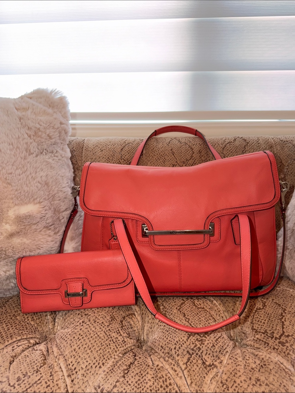 Coach Coral Pink Leather Purse with Matching Wallet